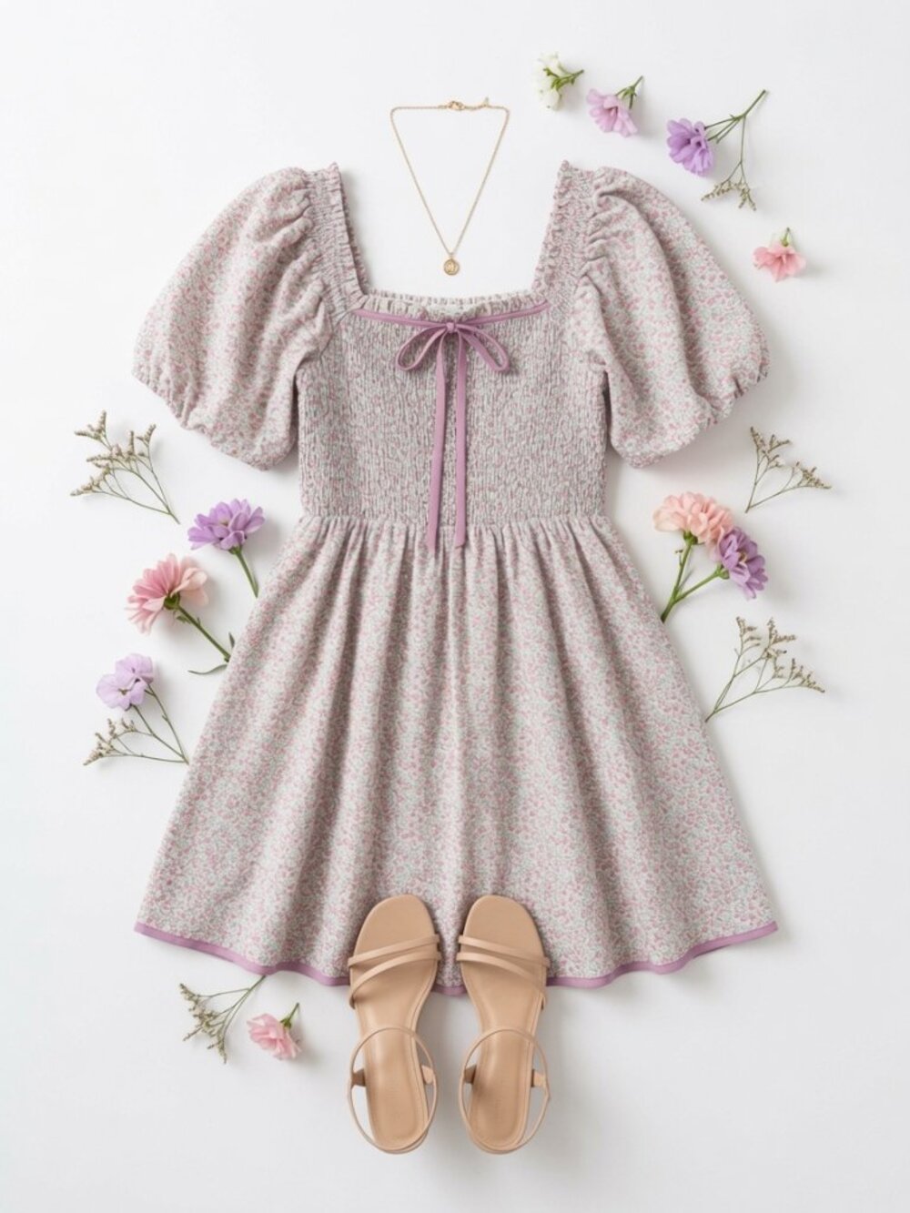 Romantic Ditsy Smocked Mini Dress With Bubble Slvs